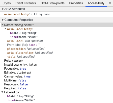 Chrome Developer Tools showing input accessible name from aria-labelledby