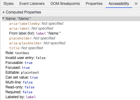 Chrome Developer Tools showing input accessible name from label